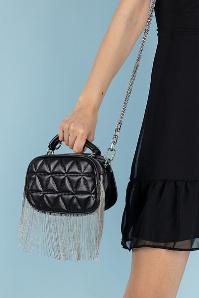 Getcho Rasha Black Women's Tasseled Quilted Mini Evening Bag Hand and Shoulder Use Evening Dress Model