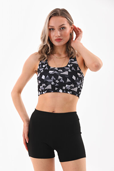 Newness Fashion Forwoard Kadın Siyah Geometrik Desenli Şortlu Mayo Body Bikini Crop