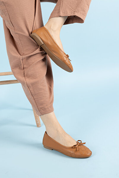 Getcho Tan Colored Rodac Women's Genuine Leather Ballerinas