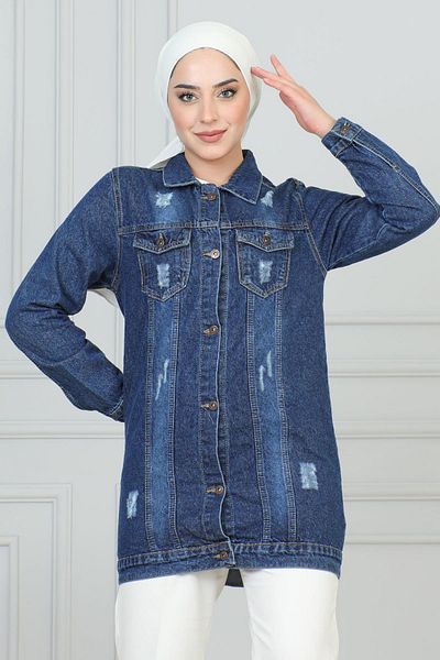 Modamihram Dunkelblaue Jeansjacke mit Laserschnitt - 6095