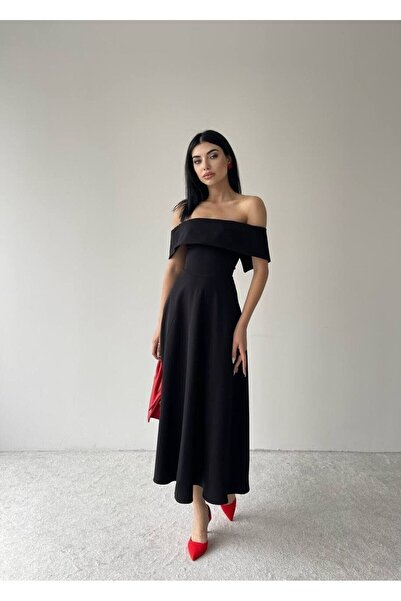 Julidress Dámský černý límec Madonna z bavlny s límcem midi délky Premium roz...