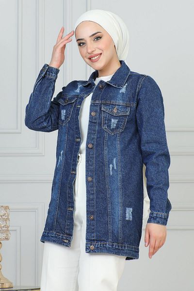 Modamihram Dunkelblaue Jeansjacke mit Laserschnitt - 6095