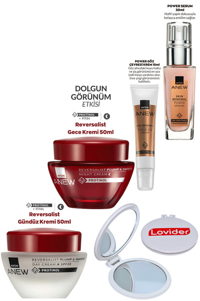 AVON Anew Reversalist 30-40 Yaş Set; Gündüz + Gece Kremi + Power Serum + Göz Çevresi Kremi + Lovider Ayna