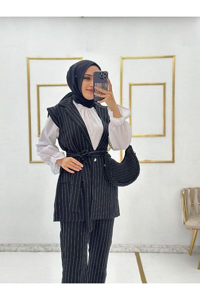 moda periy Striped Women's Vest and Trousers Set - Hijab Combination