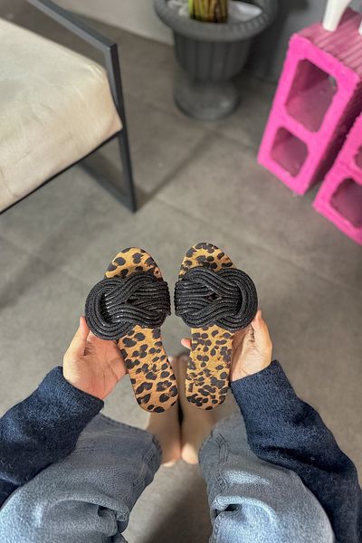 SHOEBELLAS Leopard Patterned Fair Women's Slippers - Stone Knot Detailed