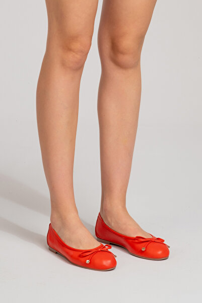 GNS Shoes Hakiki Deri Kırmızı Rengi Fiyonklu Kadın Babeti