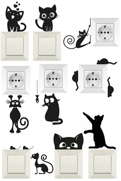 Kt Grup 9-Piece Cute Cat Socket Top Sticker Wall Sticker Black