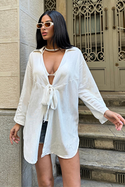 Ladima Дамски зелен кимоно от лен с детайли от багрило