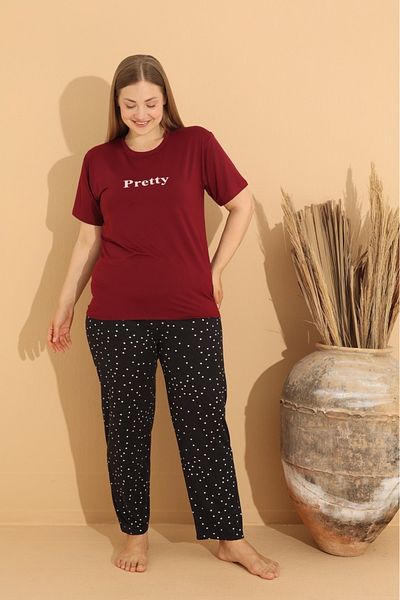wear treasure Țesătură Milan cu dungi Roșu Claret Negru - Set Pijama Marime Plus Damă