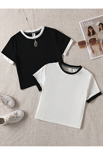 Richarlison Tricou crop pentru femei, alb-negru - Pachet de 2