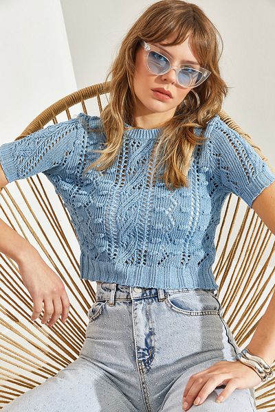 Bianco Lucci OpenworK Crew NecK Women's KniTwear T-Shirt - ShorT Sleeve, 20246125