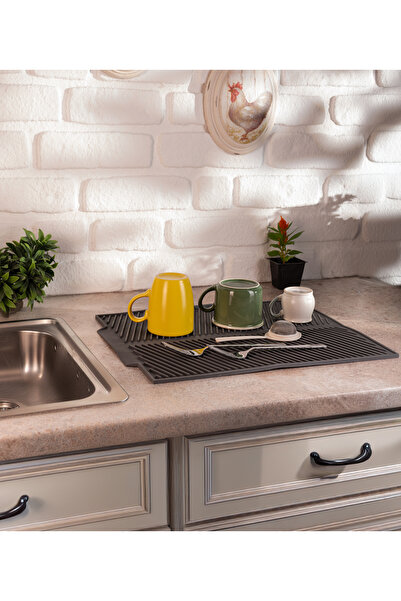 Bayev BULAŞIK Kurutma Matı Gri Silikon Maxi Boy 44x33 cm Tezgah Üstü Tabak vb...