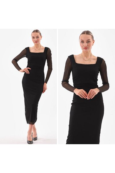 CİXAPLE Lycra Square Collar Tulle Lined Dress