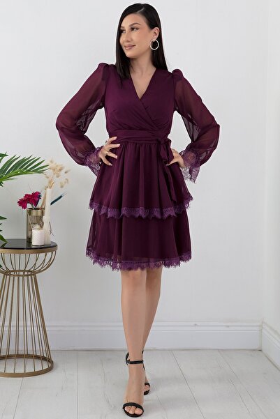 PULLIMM Dantel Detay Uzun Kol Şifon Elbise GRS3316