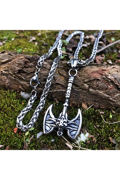 Viking Nordik Berserker Axe - Gothic Axe and Sword Valknut Embroidered 316L Steel Necklace