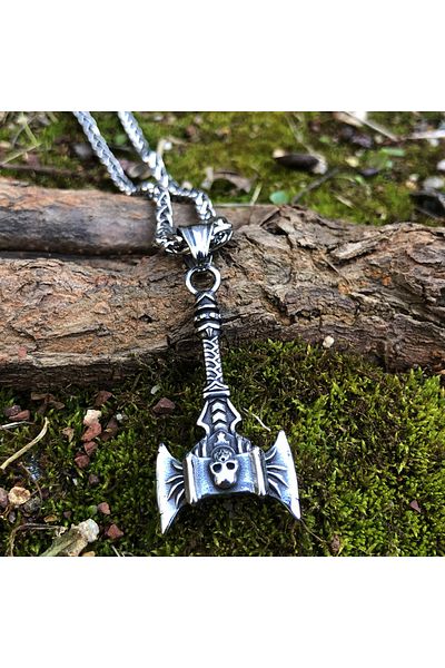 Viking Nordik Berserker Axe - Gothic Axe and Sword Valknut Embroidered 316L Steel Necklace