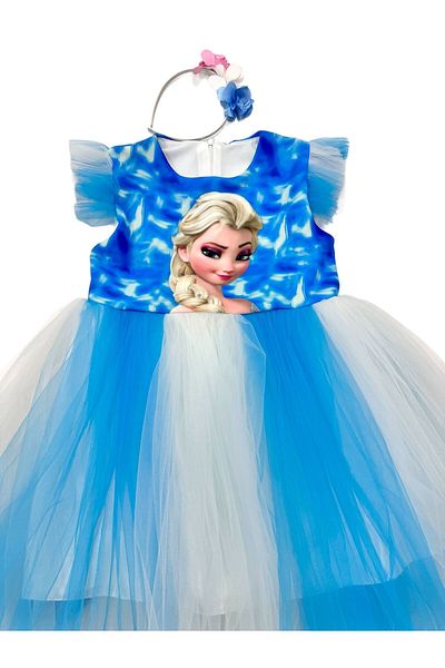 Esterella Costum din tul imprimat Elsa pentru fete - Rochie de seara de aniversare colorata / Rochie de petrecere