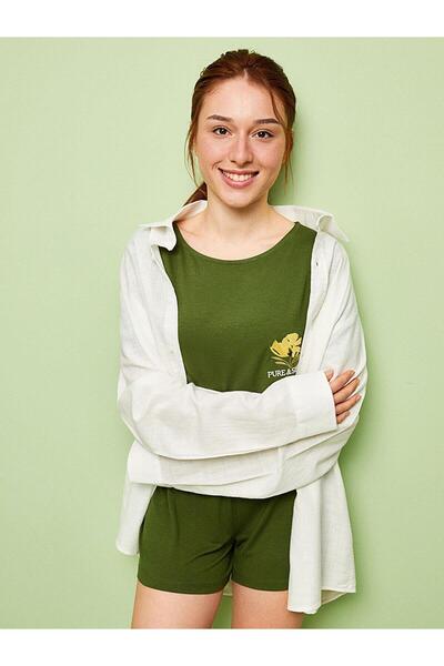 LC Waikiki LCW DREAM Petite Crew Neck Embroidered Short Sleeve Women's Shorts Pajamas Set