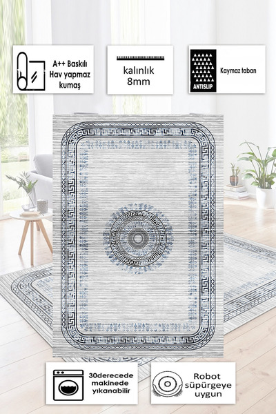 Halise Home Kaymaz Tabanlı Yıkanabilir Baskılı Halı Yolluk