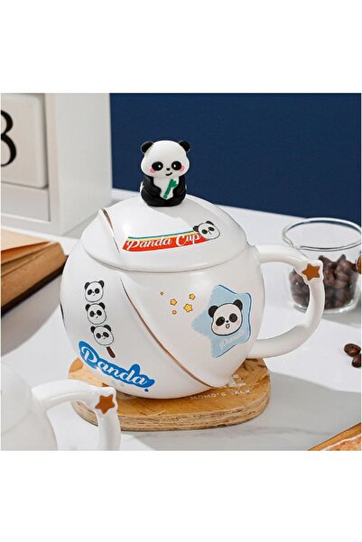 hediyeconcepti Cană Panda din ceramică de 400 ml cu capac și lingură, ceașcă ...