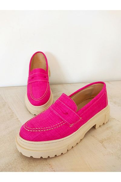 L&L Γυναικείο Loafer Pink Moccasin - Τζιν Παπούτσια με Χοντρό Τακούνι