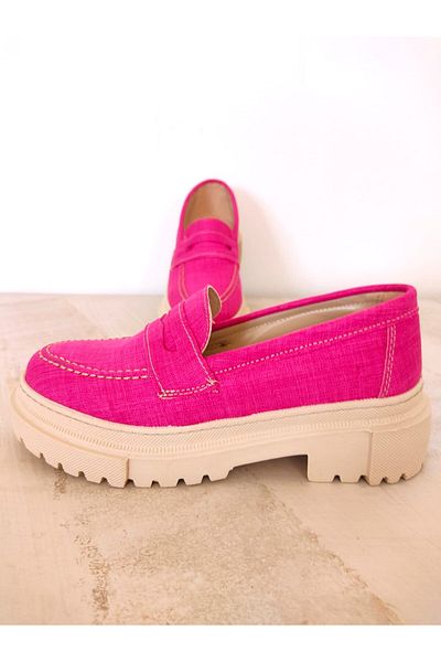 L&L Γυναικείο Loafer Pink Moccasin - Τζιν Παπούτσια με Χοντρό Τακούνι