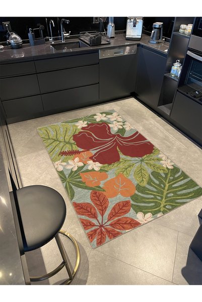 Rugs Modern Halı Yeşil Tonlarda Çiçekli Pembe Renkli Şekilli Desenli Dekorati...