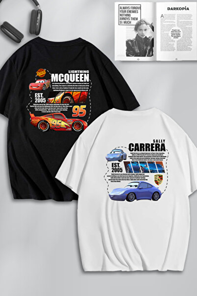 darkopia Unisex Kadın Erkek Şimşek McQueen ve Sally SIRT Baskılı Sevgili Çift Kombini Tasarım Oversize Tshirt