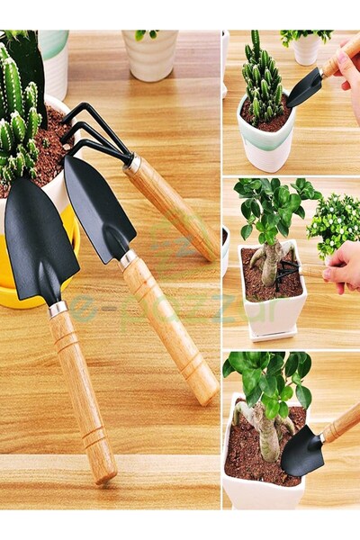 Genel Markalar Ahşap Saplı Metal Uçlu 3 Parça Mini Kürek Ve Tırmık Çiçek Bitki Fidan Dikim Çapalama Hobi Bakım Seti