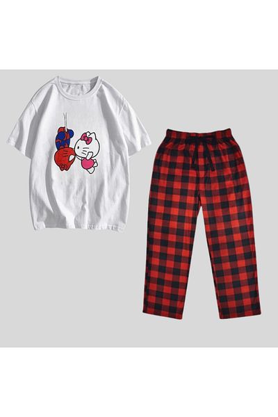 Touz Moda مجموعة Spider&Hello Kitty مطبوعة باللون الأسود للجنسين بأكمام قصيرة وقمصان علوية مكونة من قطعتين