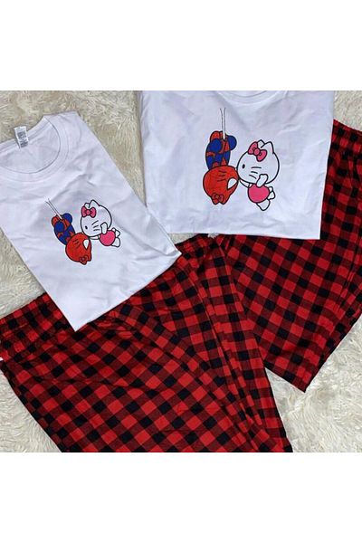 Touz Moda مجموعة Spider&Hello Kitty مطبوعة باللون الأسود للجنسين بأكمام قصيرة وقمصان علوية مكونة من قطعتين