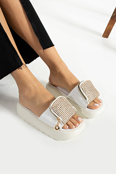 Trendpink Білі тапочки з високою підошвою, кишенею та каменем