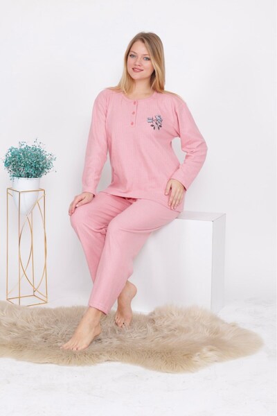 MEBA Geniş Kalıp Kışlık Büyük Beden Pudra Pembe Anne Pijama Takımı