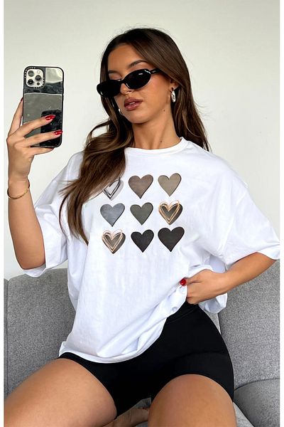 yueswear Tricou alb unisex oversize cu imprimeu inimă