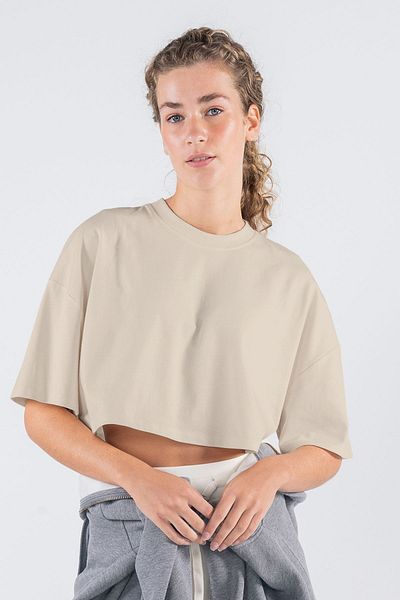 Friday Offset Γυναικείο Extra Oversize Soft Crop T-Shirt - Κρέμα, 100% βαμβάκι, λαιμόκοψη
