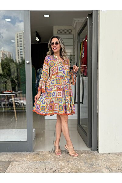 ROZELLA patchwork Kloş Elbise Turuncu Mini ELbise