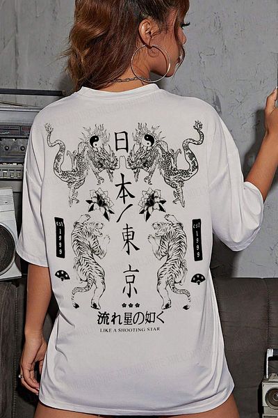 Teenage Millionaire Εκρού Χρώμα Γυναικείο Oversize Casual T-Shirt - Dragon Printed, Crew Neck