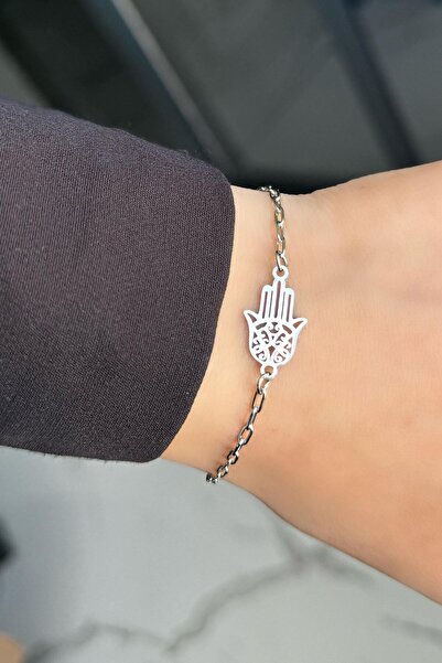 TAKIŞTIR Silver Color Fatma Mother Hand Figured Steel Bracelet