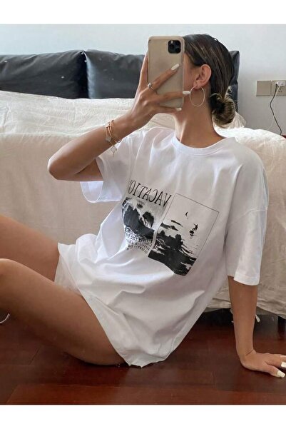 AFROGİYİM Γυναικείο μπλουζάκι Oversize με στάμπα Landscape - Διακοπές