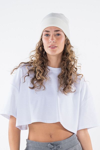 Friday Offset Tricou alb pentru femei, 100% bumbac, extra supradimensionat - decolteu crop moale