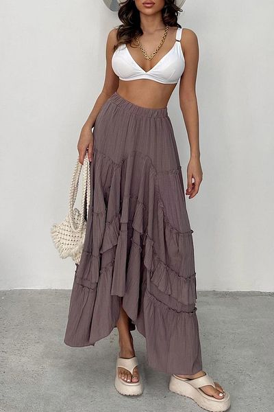 Ortaya Çık Fustă cu croială asimetrică Plum Seersucker - Talie elastică