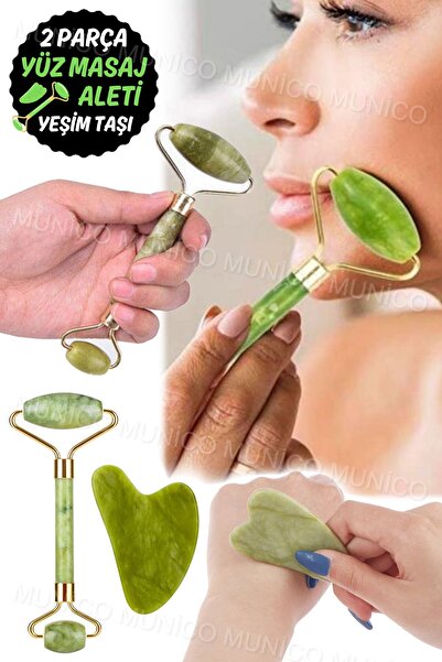 Munico 2'li Yeşim Taşı Rulo Masaj Yeşil Yeşim Masaj Silindiri Yüz Masajı Yüz Güzellik Aracı Gıdık Giderici