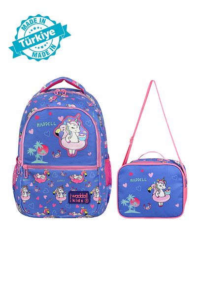 Waddell Rucsac și geantă de prânz pentru școală primară pentru fete din piele brodate cu unicorn și flamingo