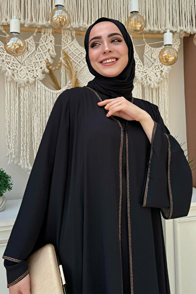 Bym Fashion Black Stone Embroidered Abaya and Dress Set - 3873