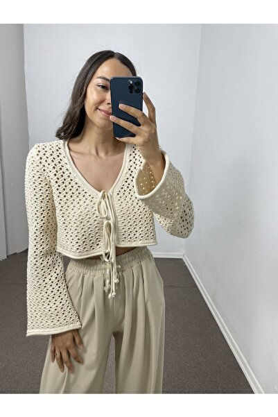 Myrum butik Bej Dilvin Önü Bağcıklı Triko Hırka