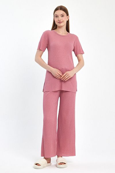 MEBA Women's Seasonal Short Sleeve Corded Pink Pajama Set