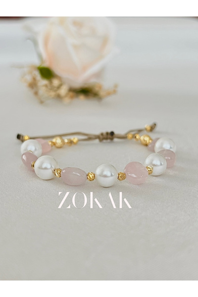 Zokak Sertifikalı Gerçek Inci bileklik Ve Gül Kuvars Doğal Taş Bileklik, Çilek kuvars bileklik