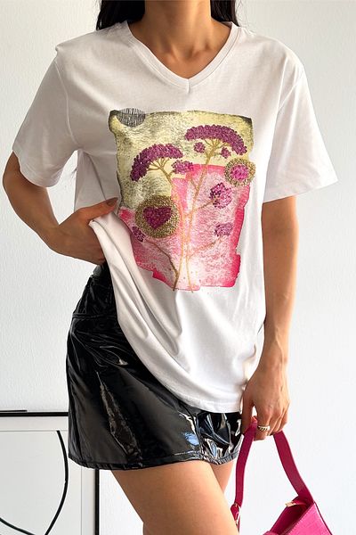 FEMELLE Tricou alb cu decolteu în V cu paiete de mărime mare - 100% bumbac