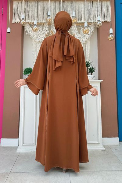 Bym Fashion Πέτρινο Κεντητό Φόρεμα και Σετ Abaya - 3873 Tan