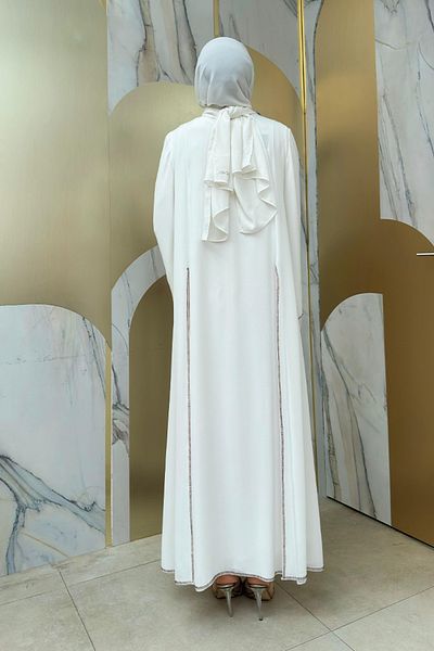 Bym Fashion Ecru Stone Embroidered Dress and Abaya Set - 3873
